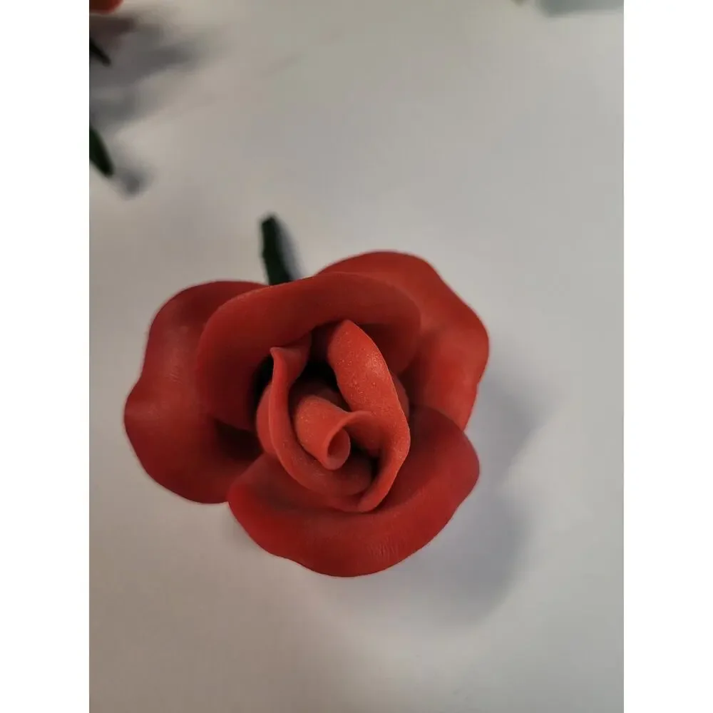 Red Ceramic Rose Figurine Handpainted & Two Resin Rose Magnets Decor